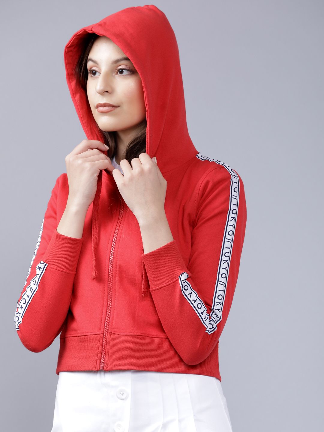 Tokyo Talkies Women Red Solid Hooded Sweatshirt