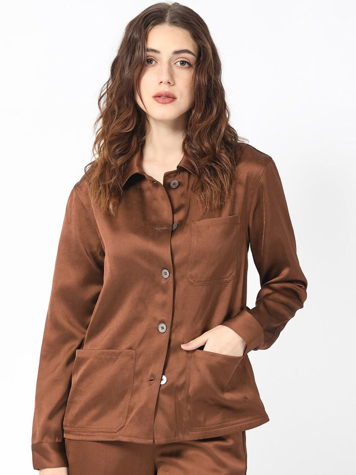 RAREISM Spread Collar Boxy Satin Shacket