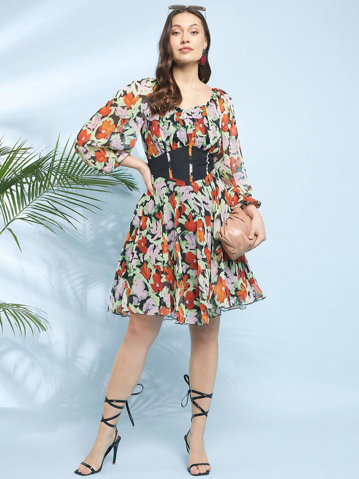 Antheaa Black Round Neck Floral Printed Chiffon Corset Fit & Flare Dress