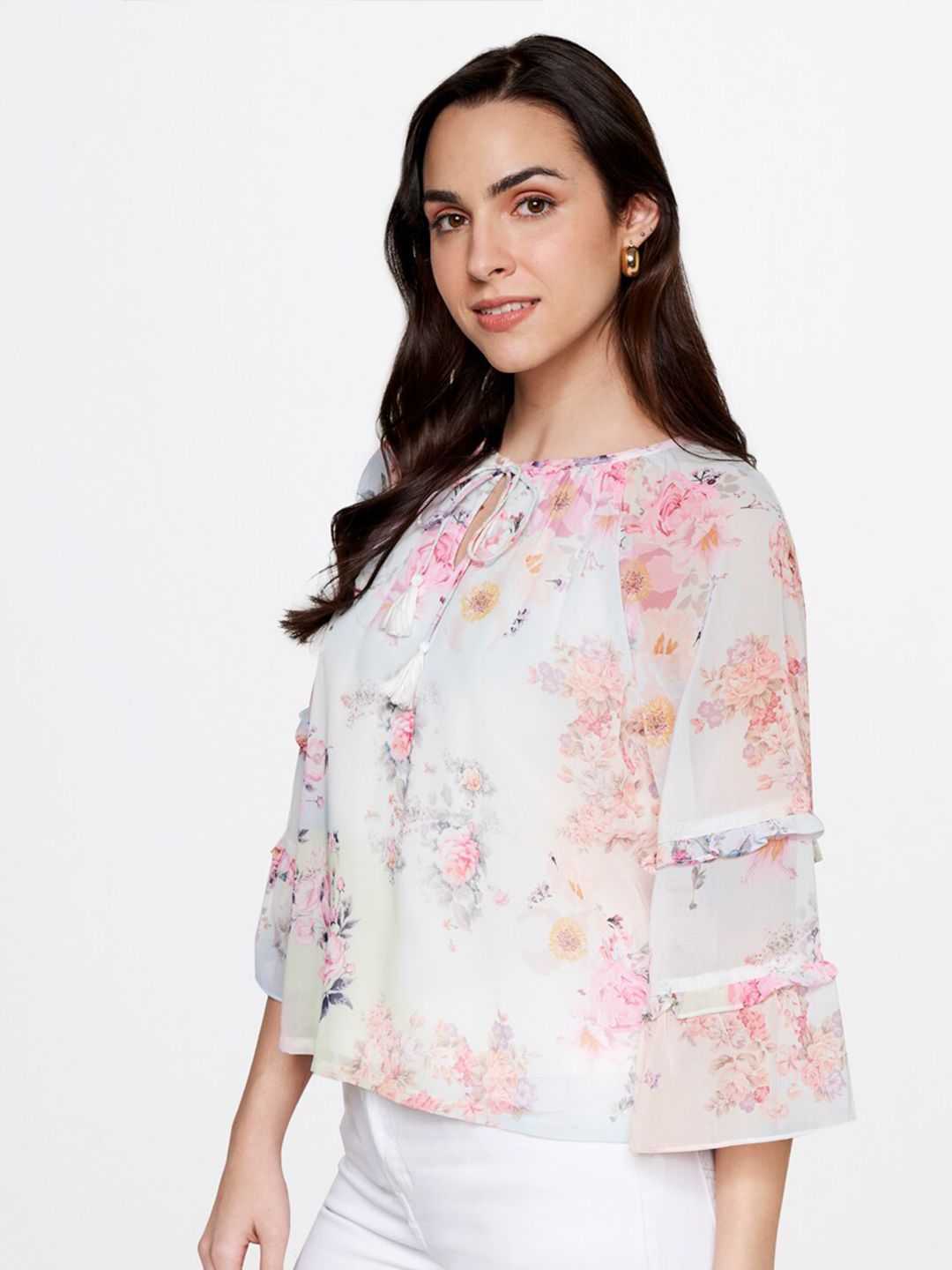 AND Floral Printed Tie-Up Neck Bell Sleeves Top