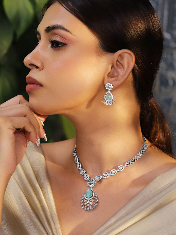 Rubans Rhodium-Plated Green Ad & Cubic Zirconia Studded Necklace Set