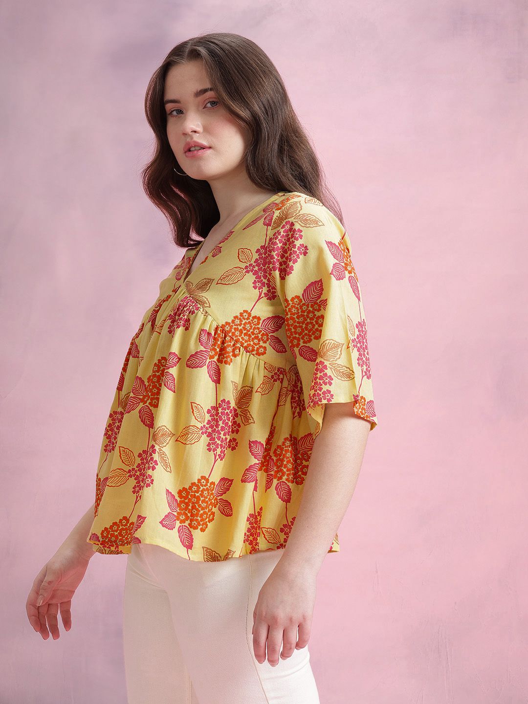 DressBerry Floral Print Cotton Linen Empire Top