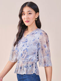 AND polyester floral print v- neck flared sleeves peplum top