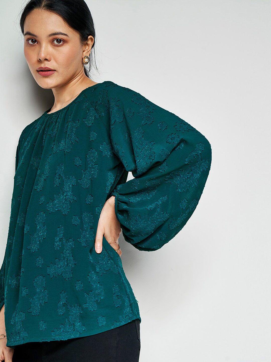 AND Floral Print Round Neck Puff Sleeves Opaque Casual Top