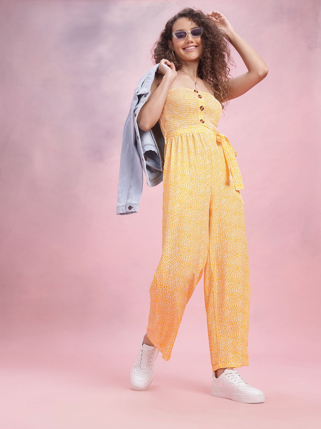 DressBerry Off-Shoulder Printed Smocked Belted Basic Jumpsuit