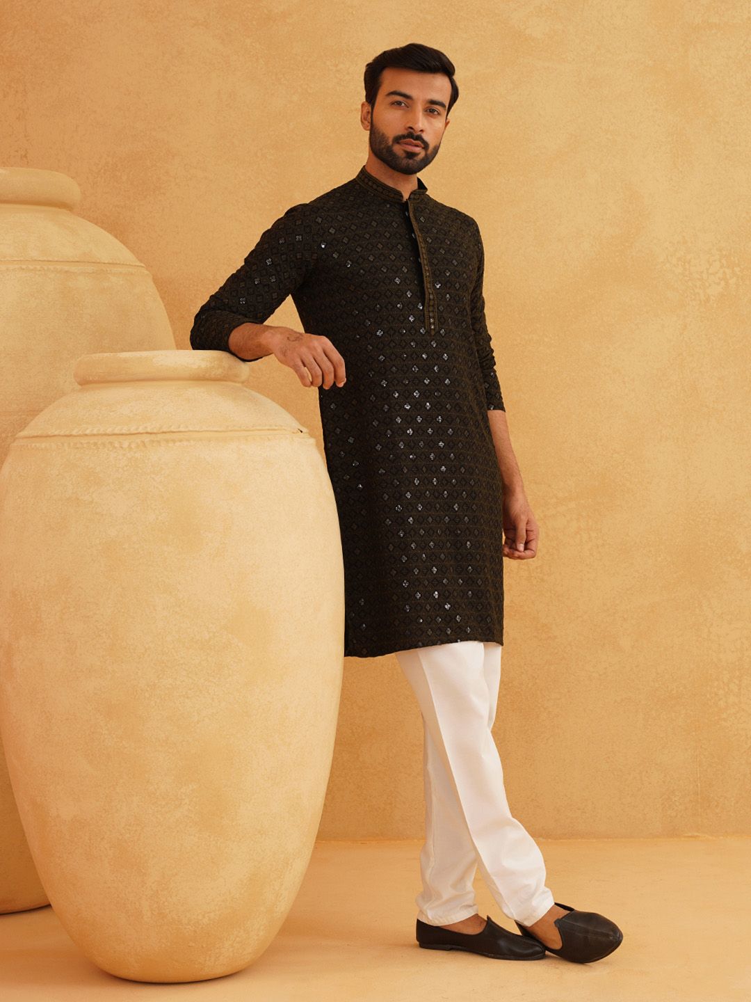 SOJANYA Ethnic Motifs Embroidered Mandarin Collar Sequined Pure Cotton Straight Kurta