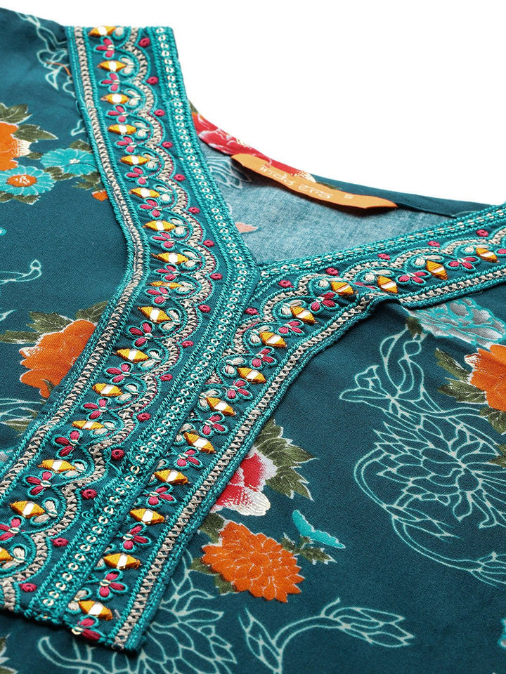 Indo Era Floral Printed Mirror Work Kurta with Trousers & With Dupatta