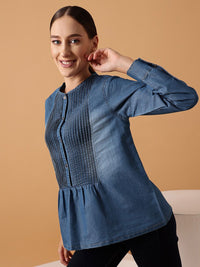 STREET 9 Pin Tucked Cotton Denim Top
