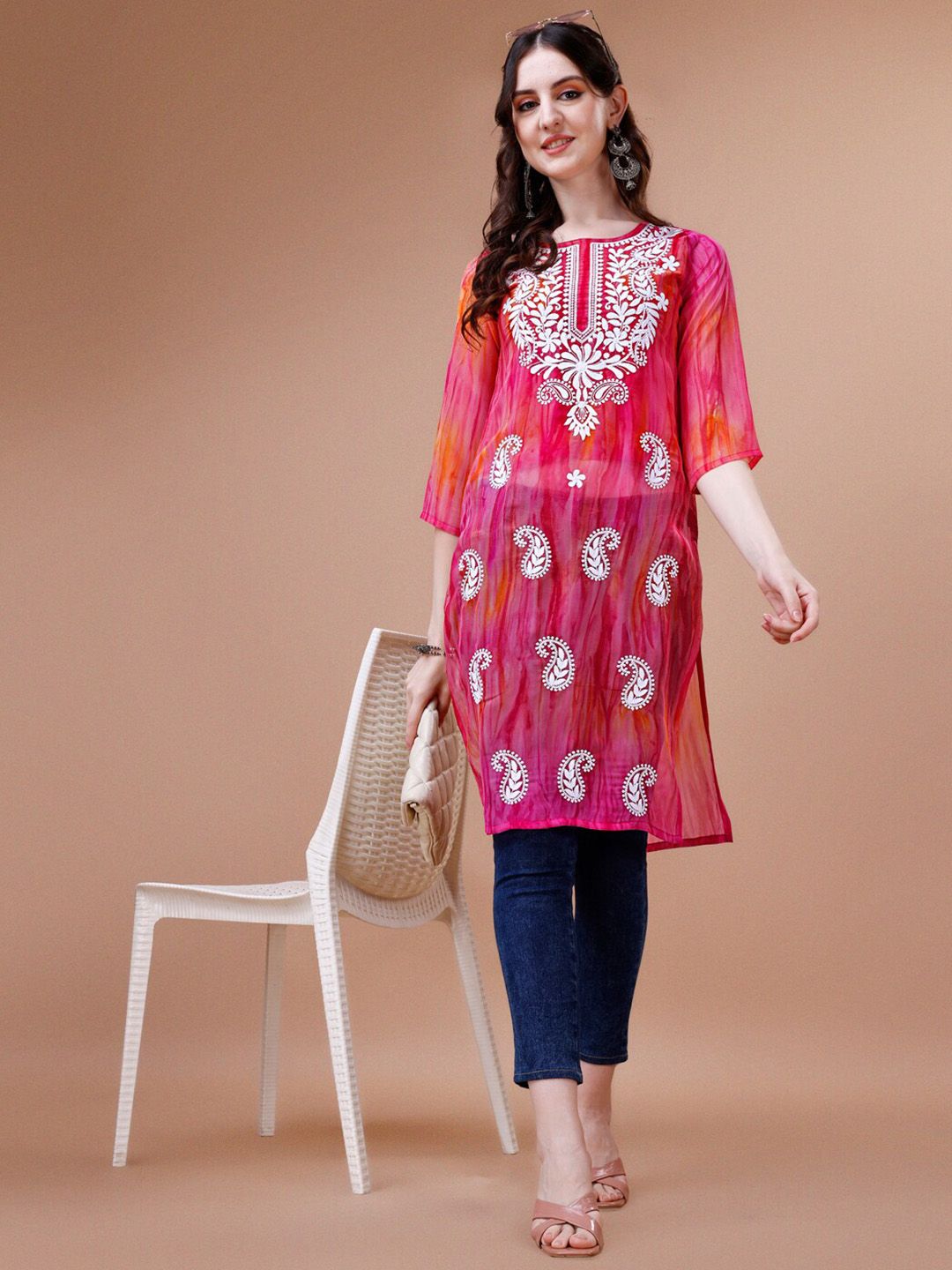 KALINI Pailey Embroidered Chikankari Shadow Work Georgette Straight Kurta