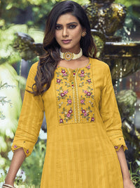 Indo Era Yellow Yoke Design Thread Work Pure Cotton Kurta With Trousers & Dupatta