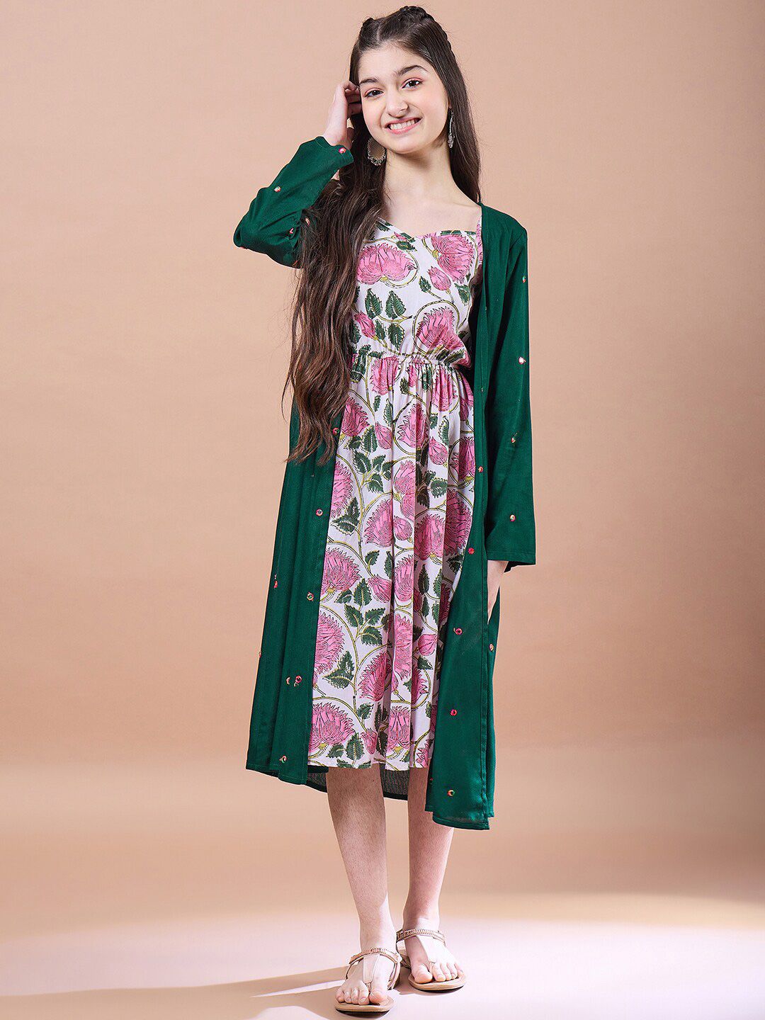 pspeaches Girls Floral Print Square Neck Empire Cotton Midi Dress