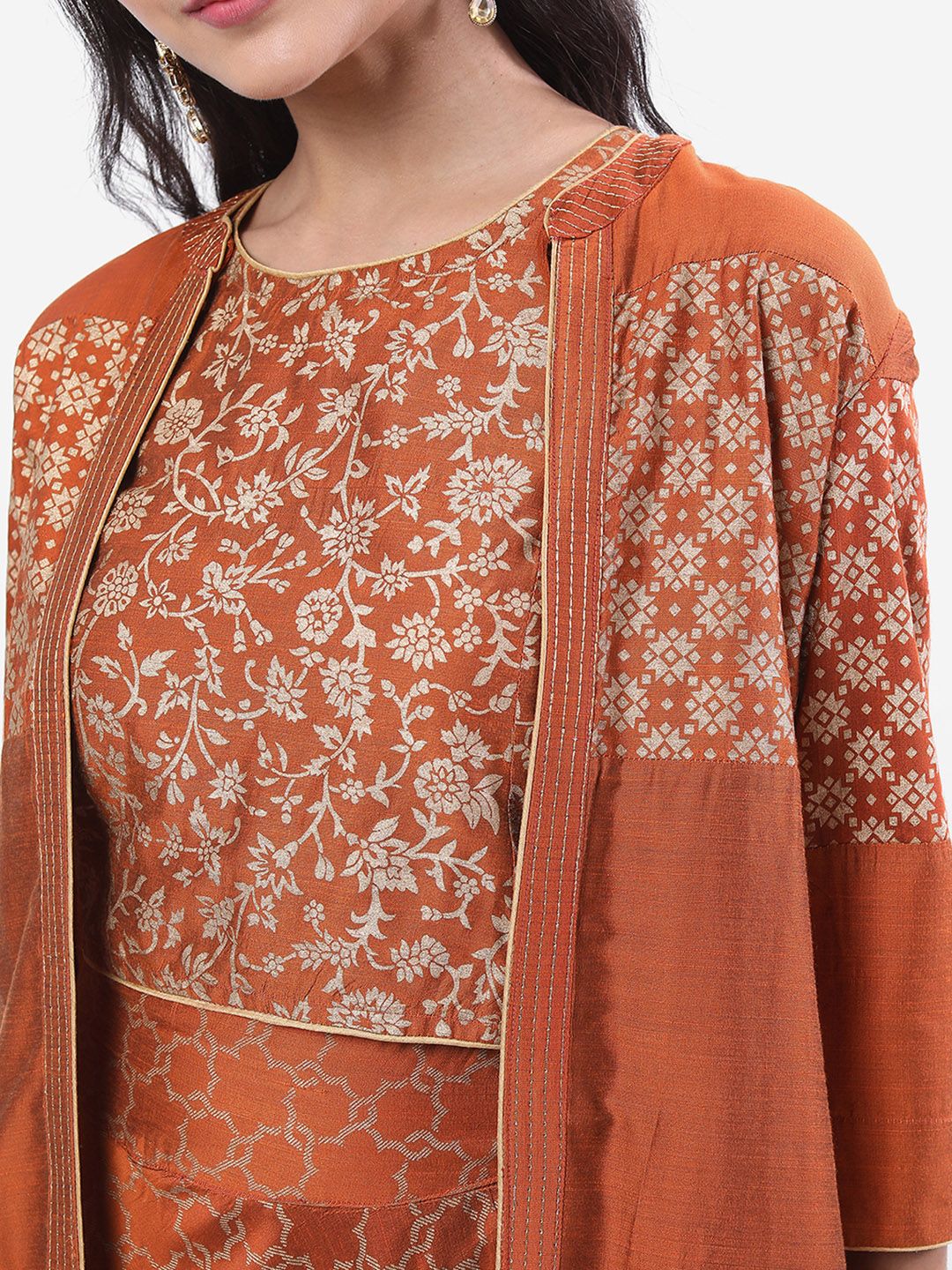 Vishudh Rust Ethnic Motifs Printed Ethnic Top with Skirt & Jacket