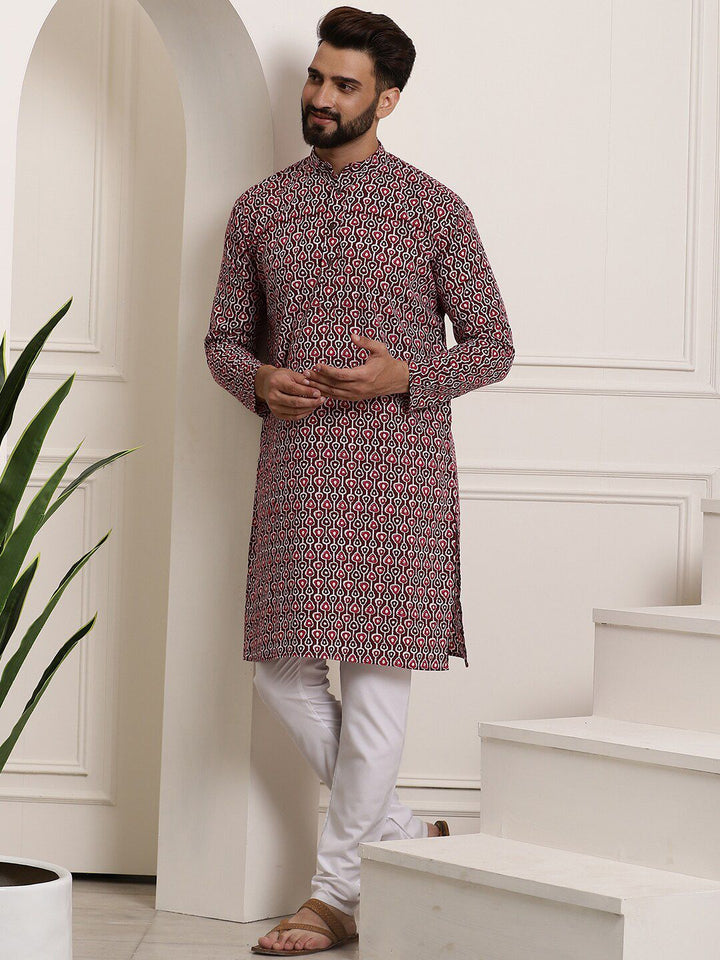 SOJANYA Lelaki Hitam Geometric Flared Lengan Kurta Kerja Benang