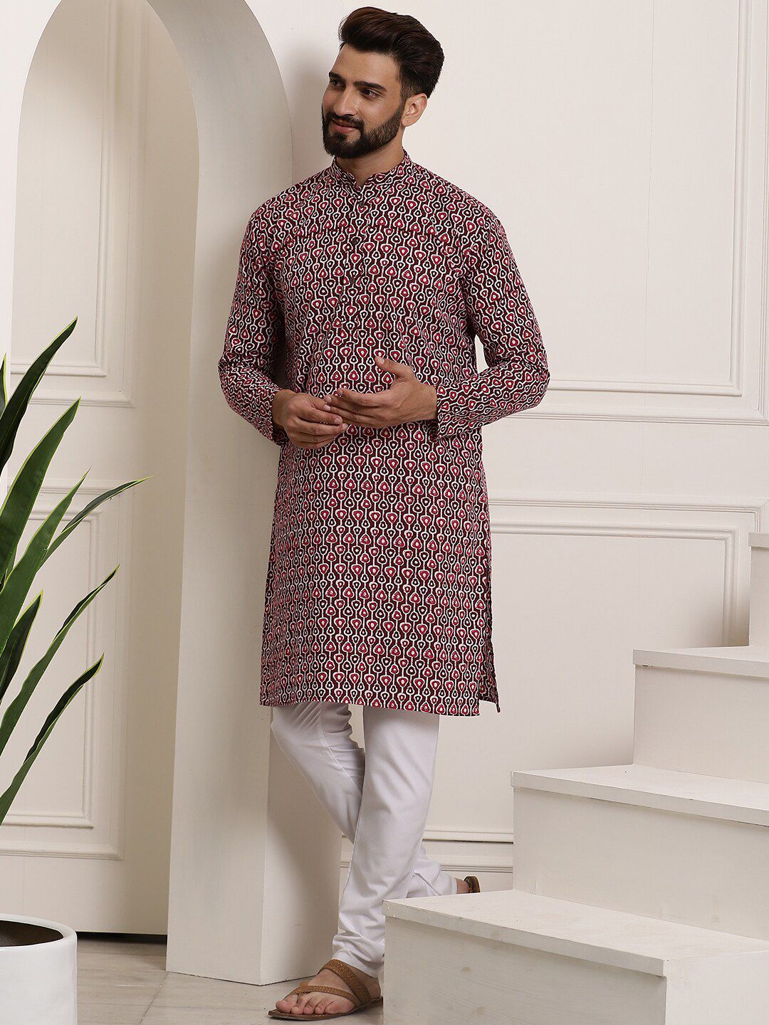 SOJANYA Lelaki Hitam Geometric Flared Lengan Kurta Kerja Benang