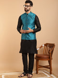 SOJANYA Men Black & Teal Blue Jacquard Woven Design Kurta with Churidar & Nehru Jacket