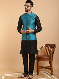 SOJANYA Men Black & Teal Blue Jacquard Woven Design Kurta with Churidar & Nehru Jacket