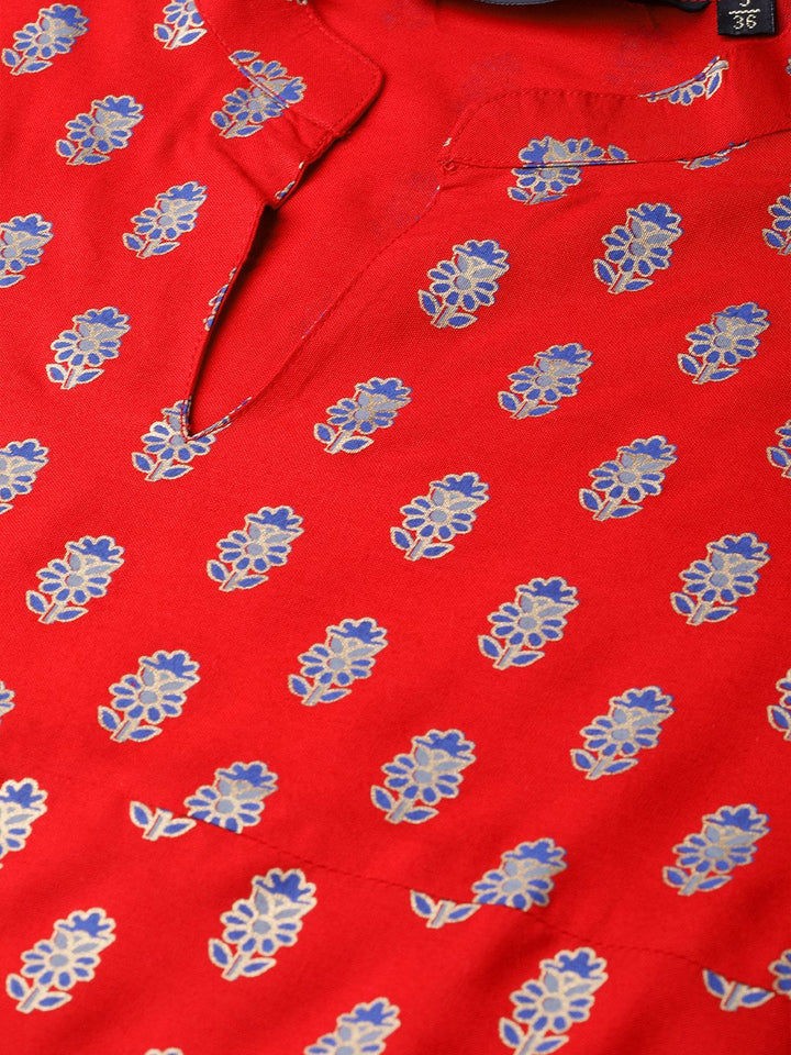 SOJANYA Wanita Merah & Biru Cetakan Kerajang Kurta Lurus