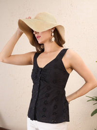 SASSAFRAS Blacl Self Design Schiffli Shoulder Strap Top