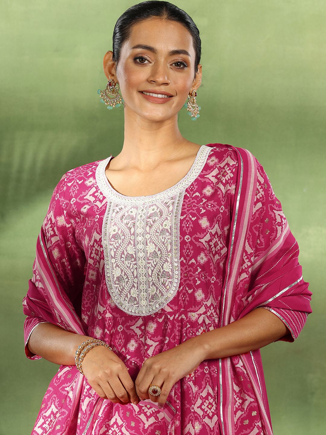 Libas Ethnic Motifs Printed Empire Thread Work Kurta with Churidar & Dupatta
