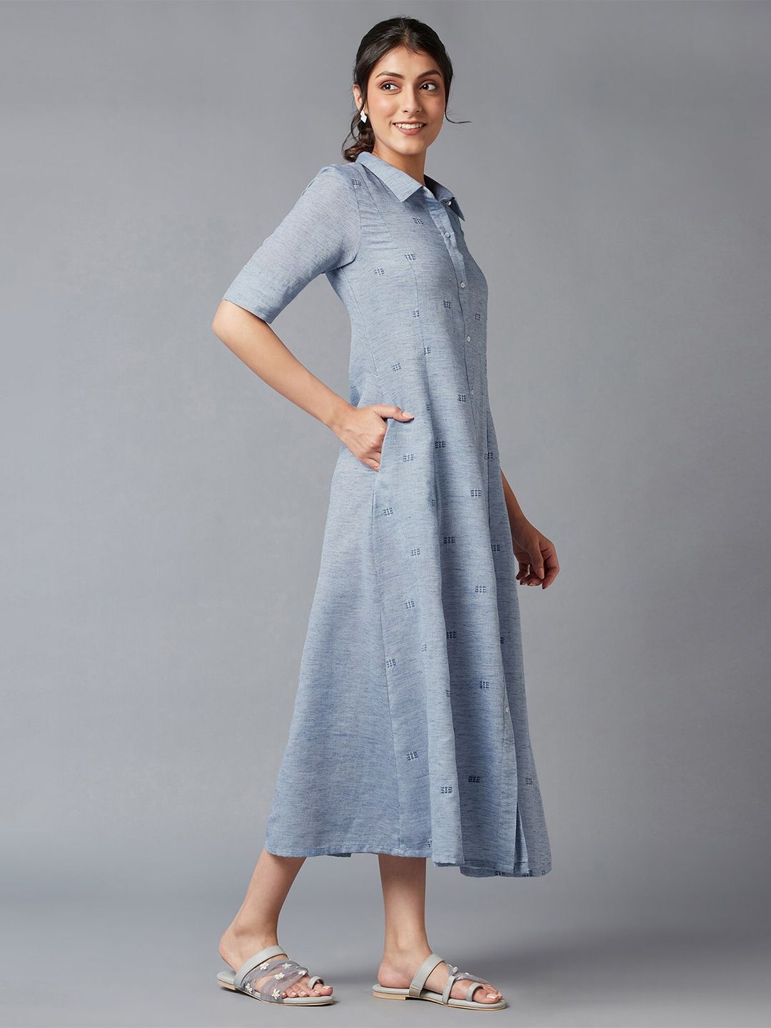 W Women Blue Shirt Collar Midi Dress