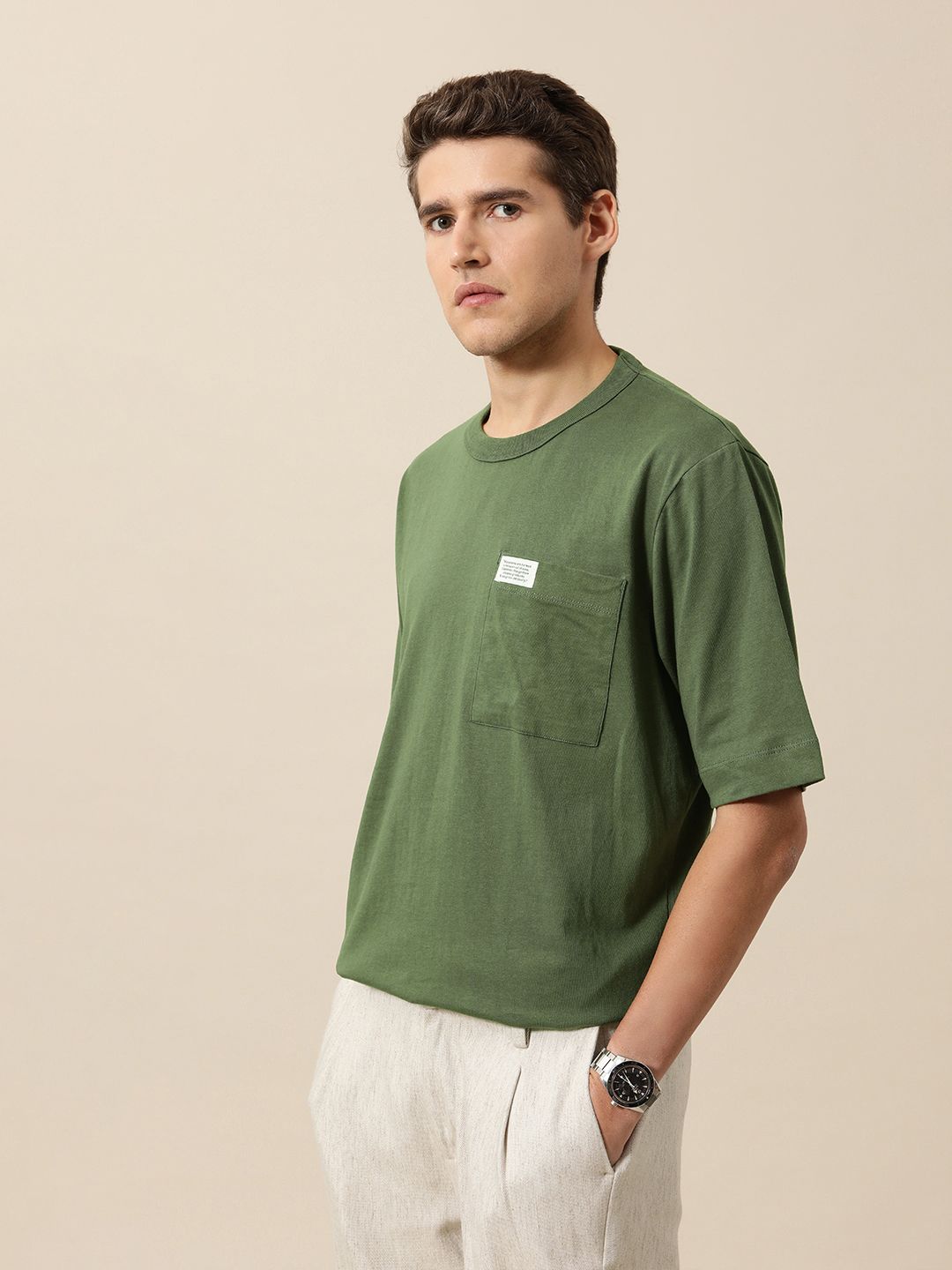 Mr Bowerbird Men Olive Green Pure Cotton Oversized Fit Round Neck T-shirt