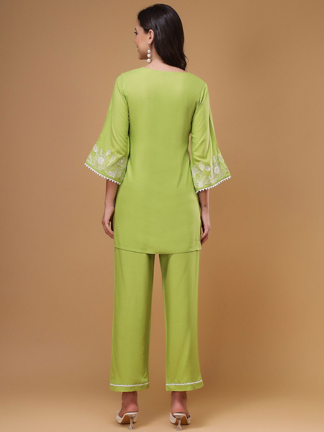Bani Women Floral Embroidered V-Neck Lace Top & Flared Trouser
