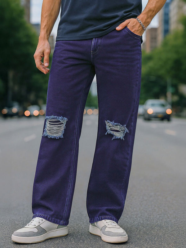 Bewakoof Men's Indigo Blue Baggy Distressed Mid-Rise Jeans