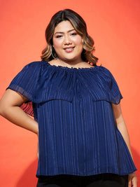 SASSAFRAS Curve Navy Blue Plus Size Vertical Stripes Off-Shoulder Cape Sleeves Bardot Top