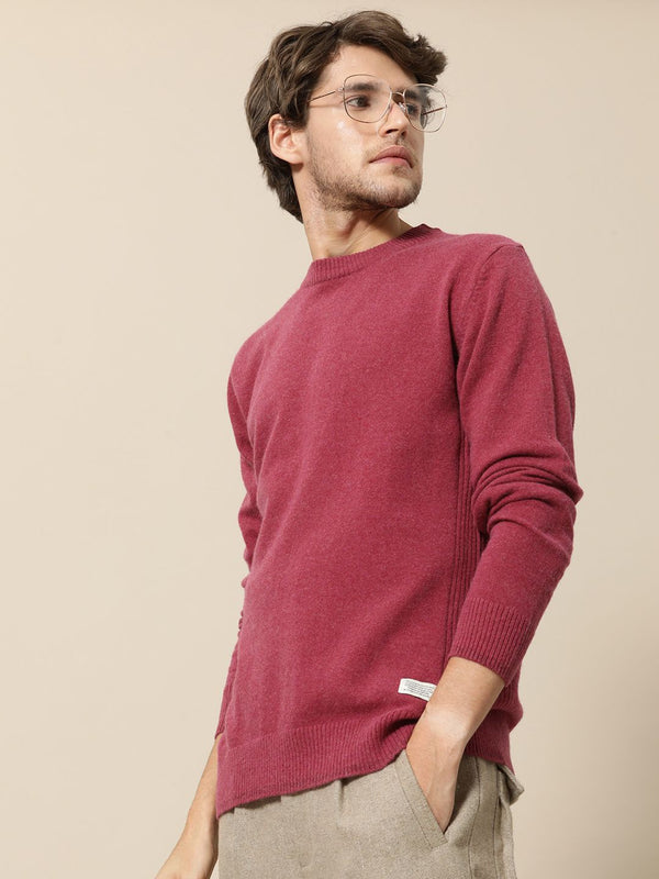 Mr Bowerbird Men Magenta Solid Round-Neck Pullover Sweater