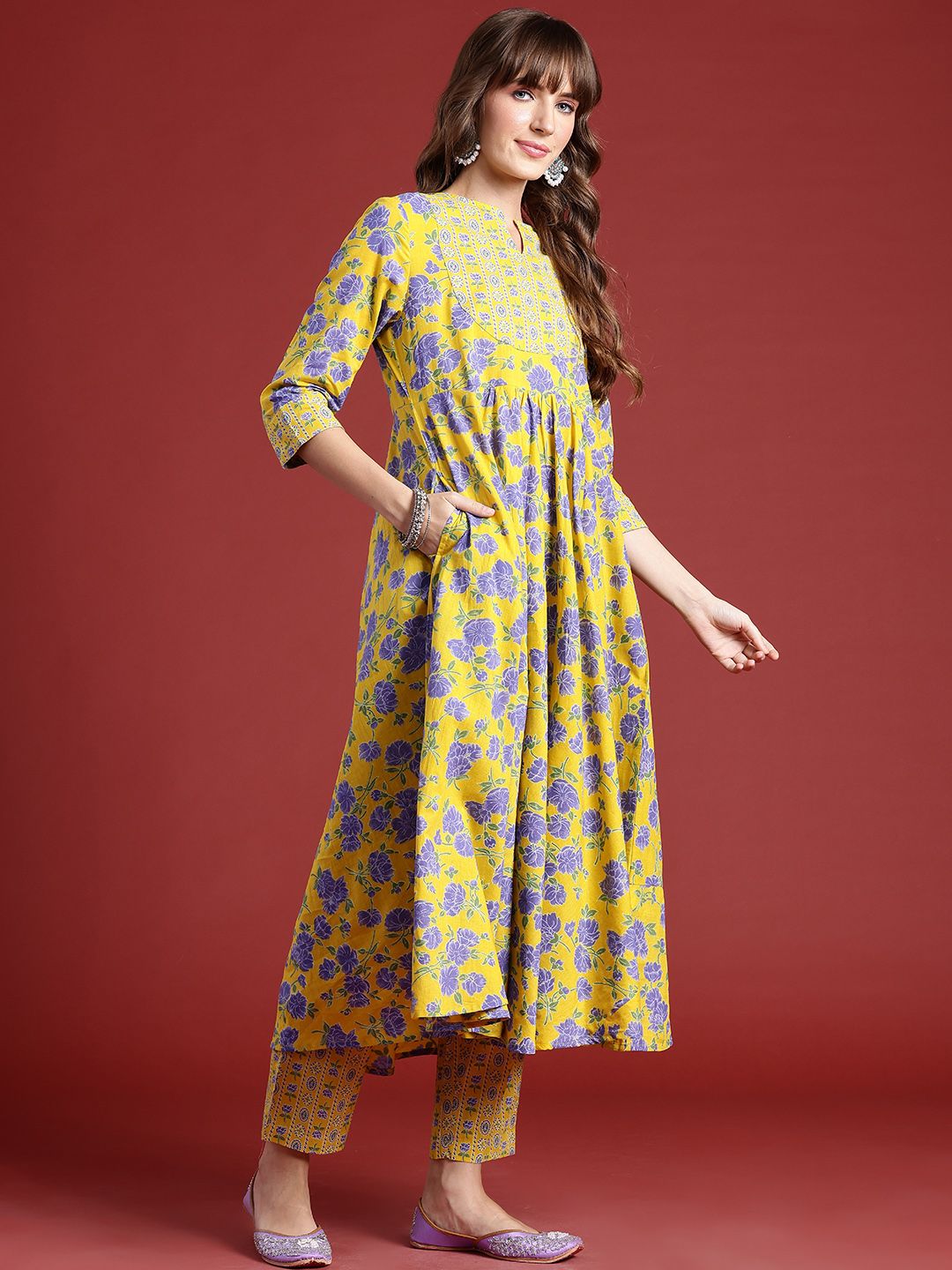 Anouk Floral Printed Regular Sequinned Pure Cotton Kurta With Trousers & Dupatta