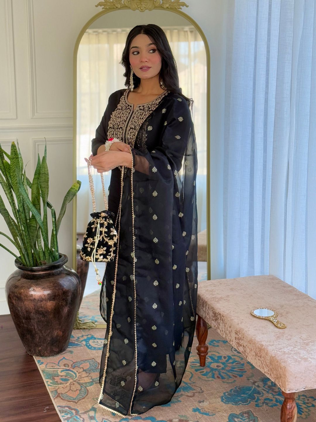 KALINI Floral Embroidered Sequinned Straight Kurta With Trousers & Dupatta