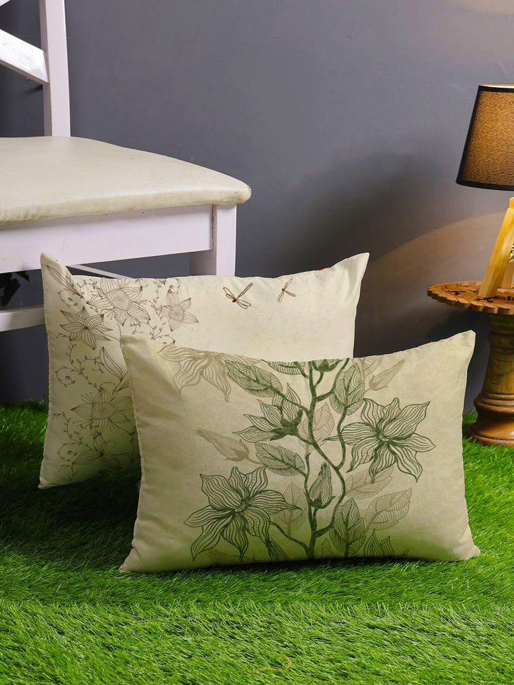 STITCHNEST Pack Of 2 Cream-Coloured Printed Rectangle Cushion Covers