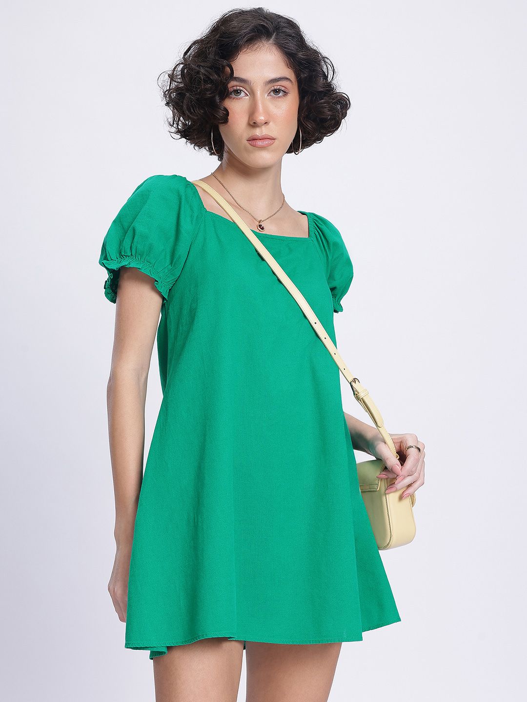 DressBerry Casual Essentials Puff Sleeve Tie-Up Back A-Line Mini Dress