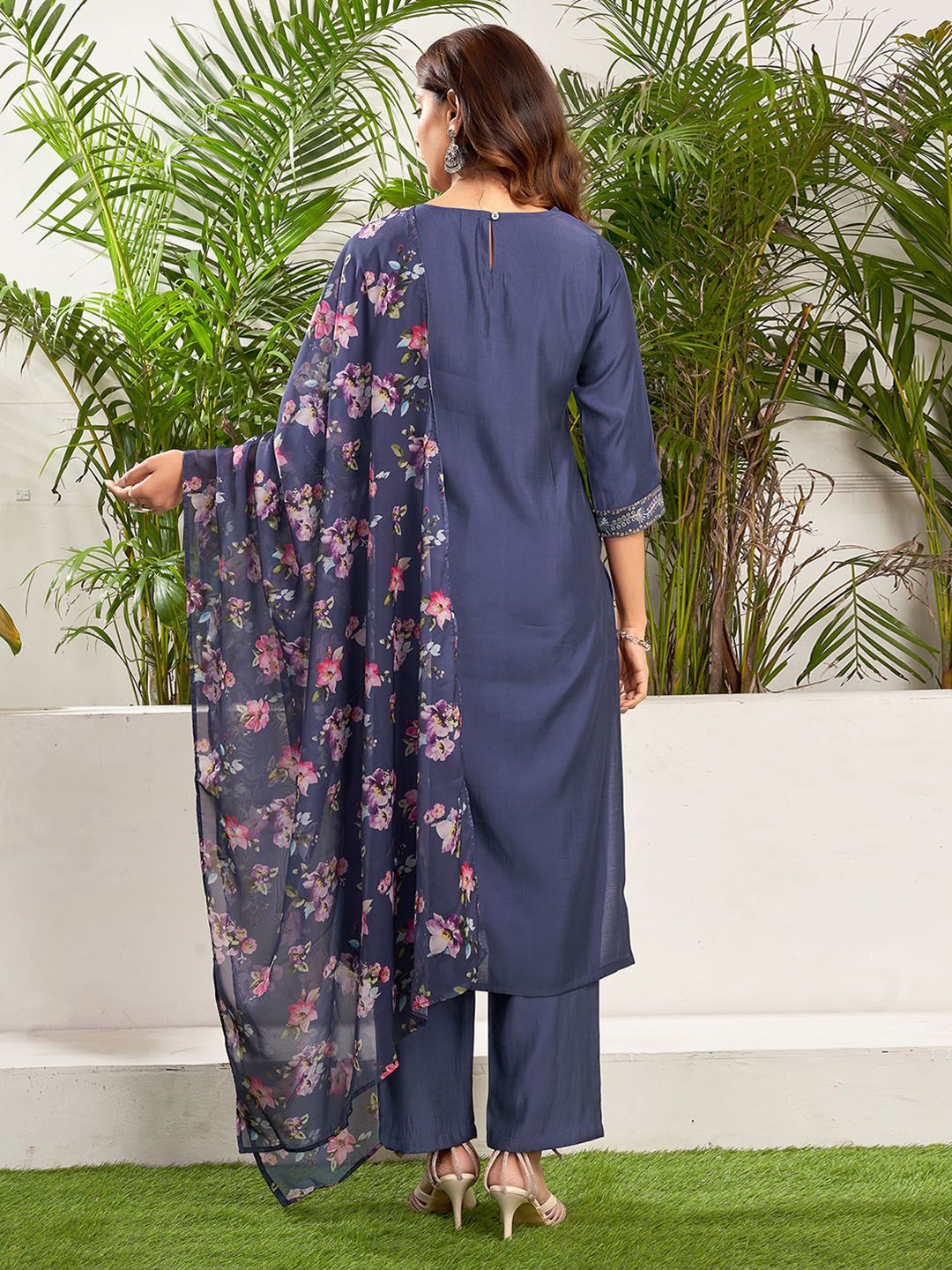 KALINI Ethnic Motifs Yoke Design Sequinned Straight Kurta with Trousers & Dupatta