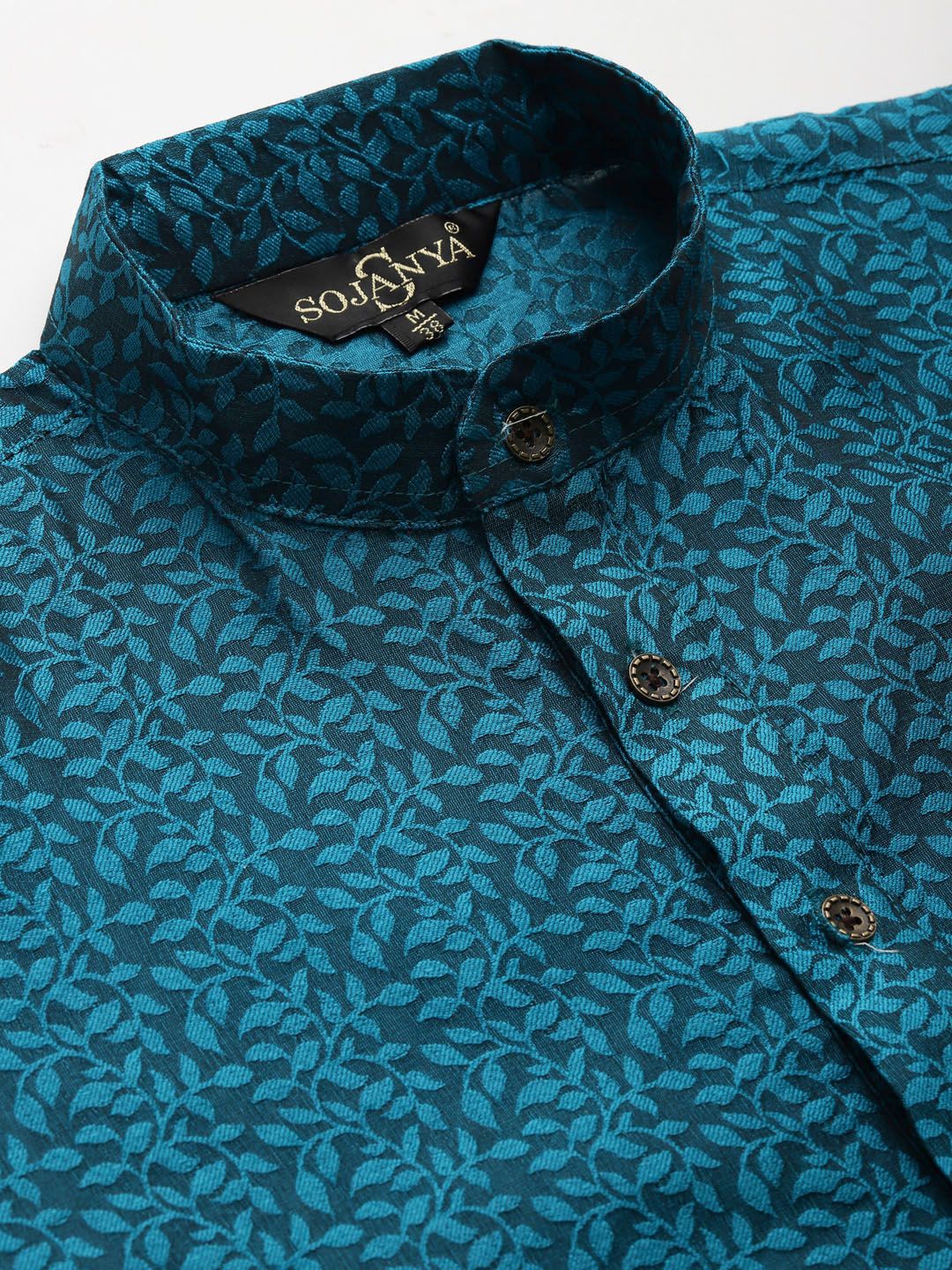 SOJANYA Men Teal Blue & Olive Green Jacquard Ethnic Motifs Straight Kurta with Churidar