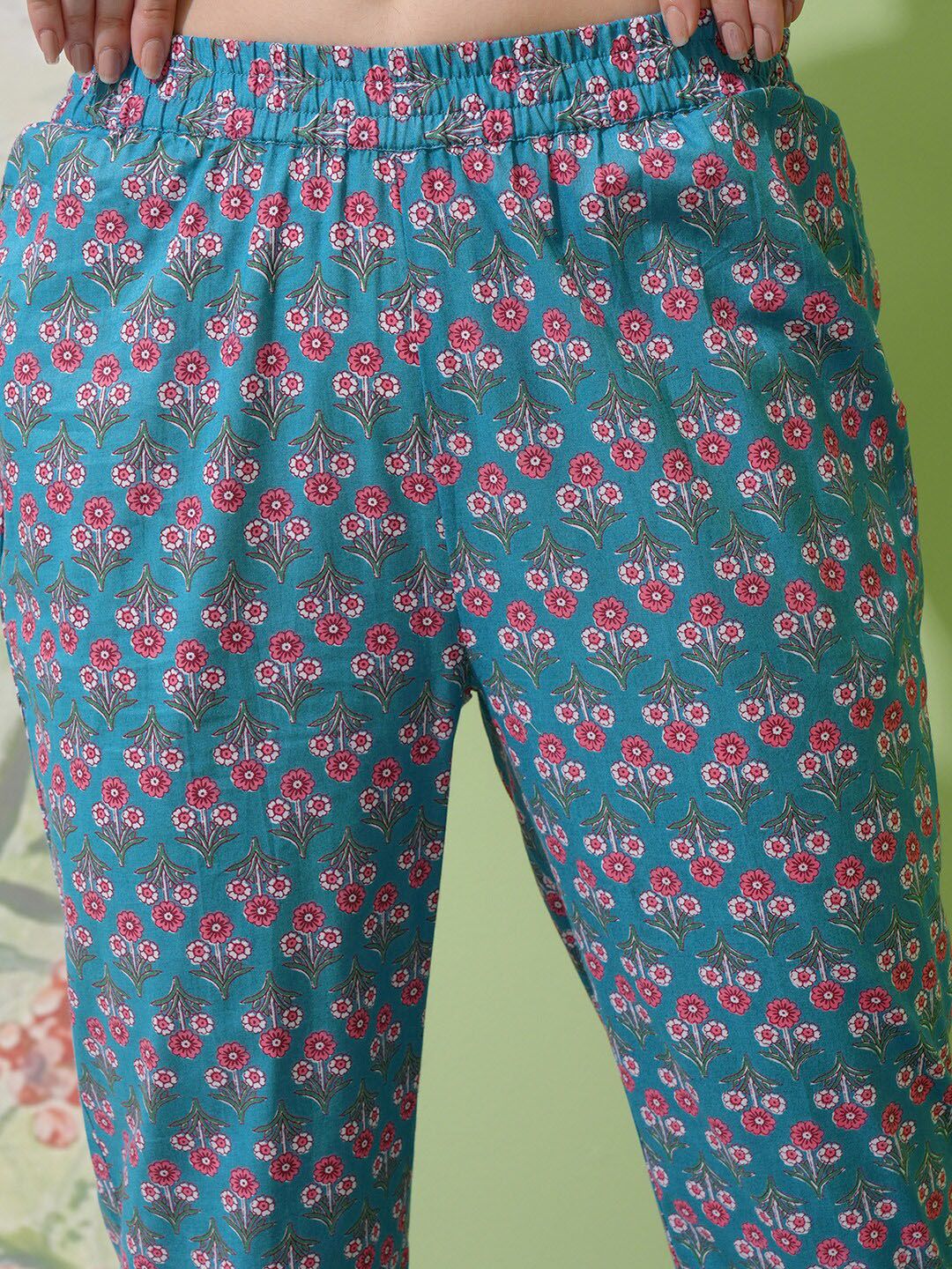 Vishudh Blue Floral Printed Pure Cotton Straight Kurta With Trousers & Dupatta