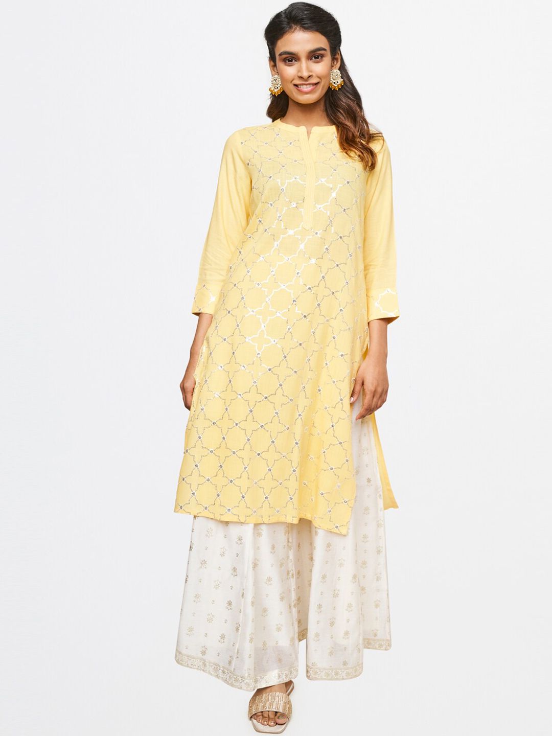 Global Desi Women Off White Gold-toned Printed Flared Maxi Skirt
