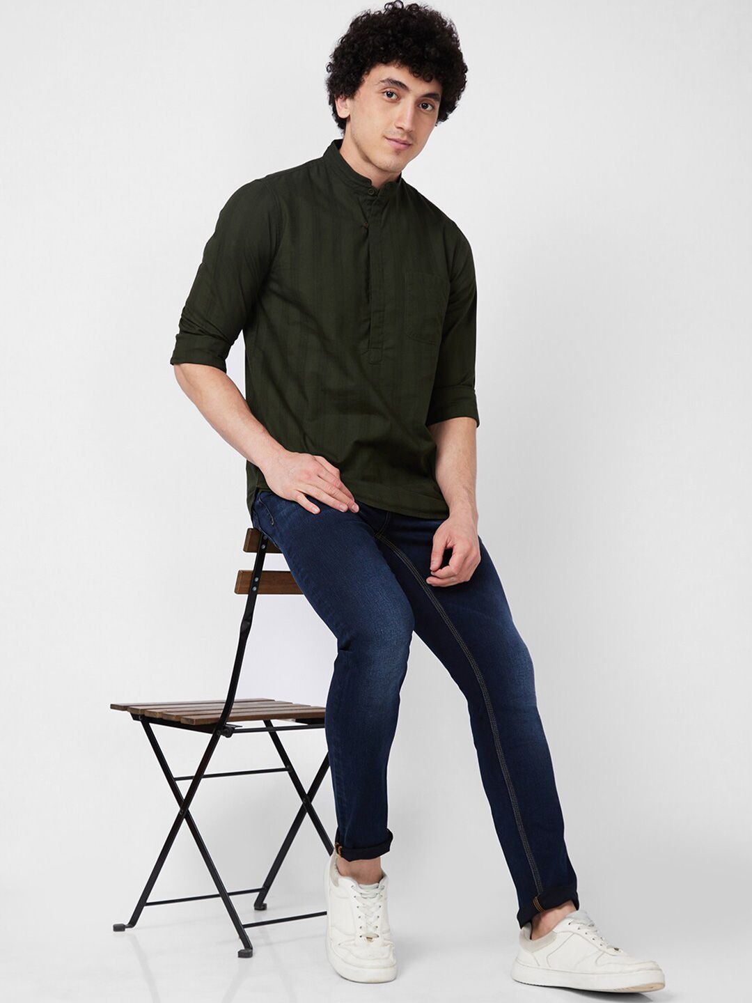 SPYKAR band collar Long Sleeves Striped Regular Fit Casual Pure Cotton Shirt