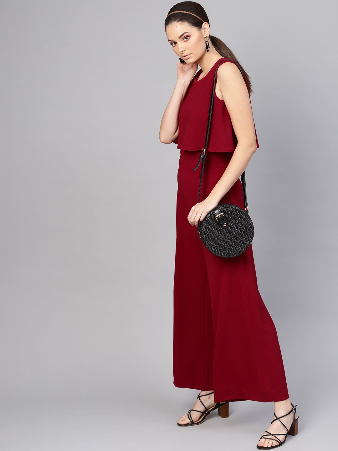 SASSAFRAS Women Maroon Solid Layered Basic Jumpsuit