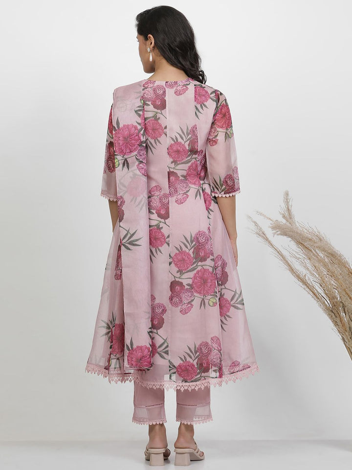 W Floral Printed Regular Three-Quarter Sleeves Organza Kurta with Trousers & With Dupatta