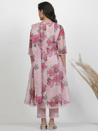 W Floral Printed Regular Three-Quarter Sleeves Organza Kurta with Trousers & With Dupatta