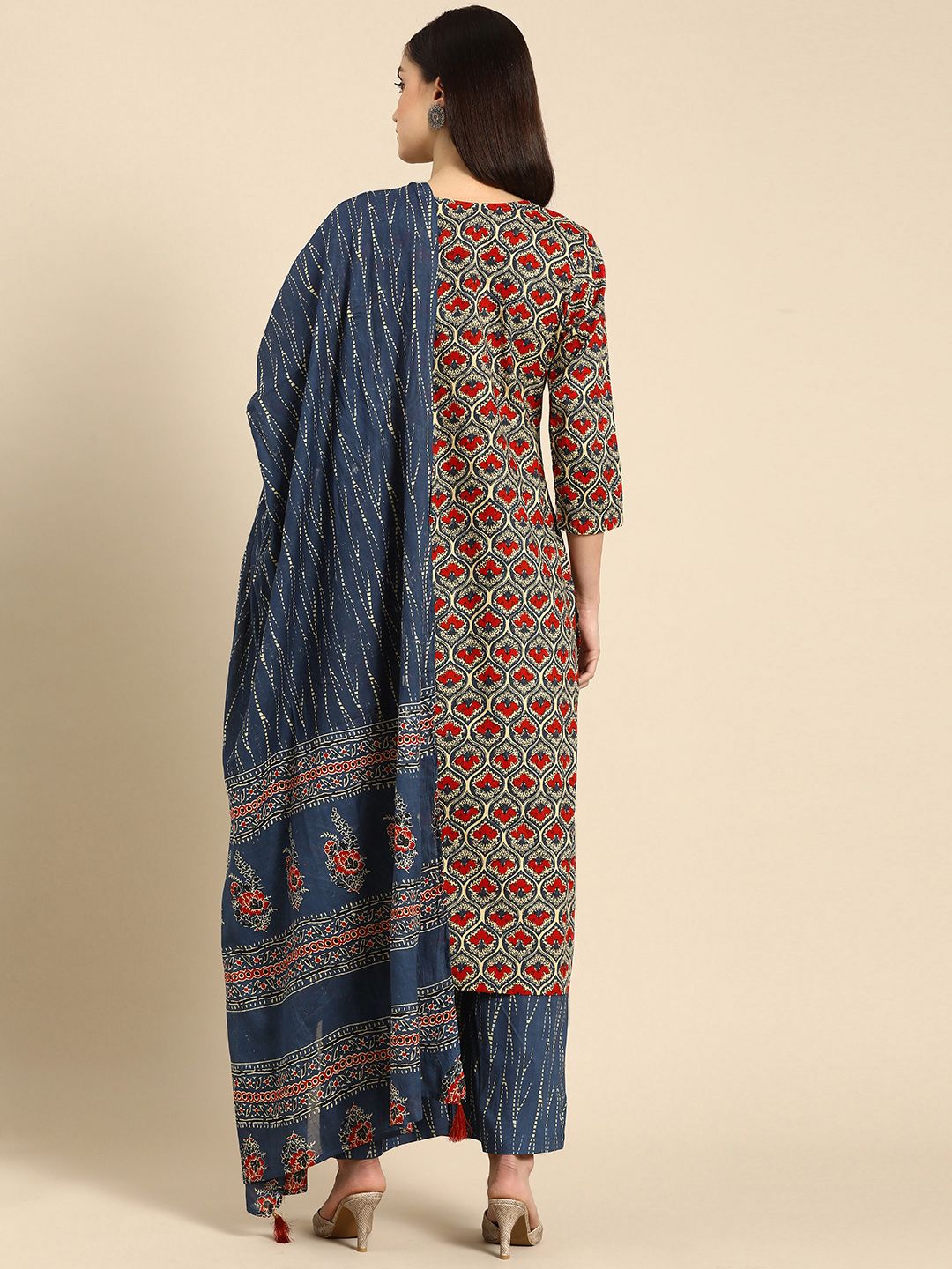 Anouk Women Blue Ethnic Motifs Printed Regular Pure Cotton Kurta With Palazzos & Dupatta