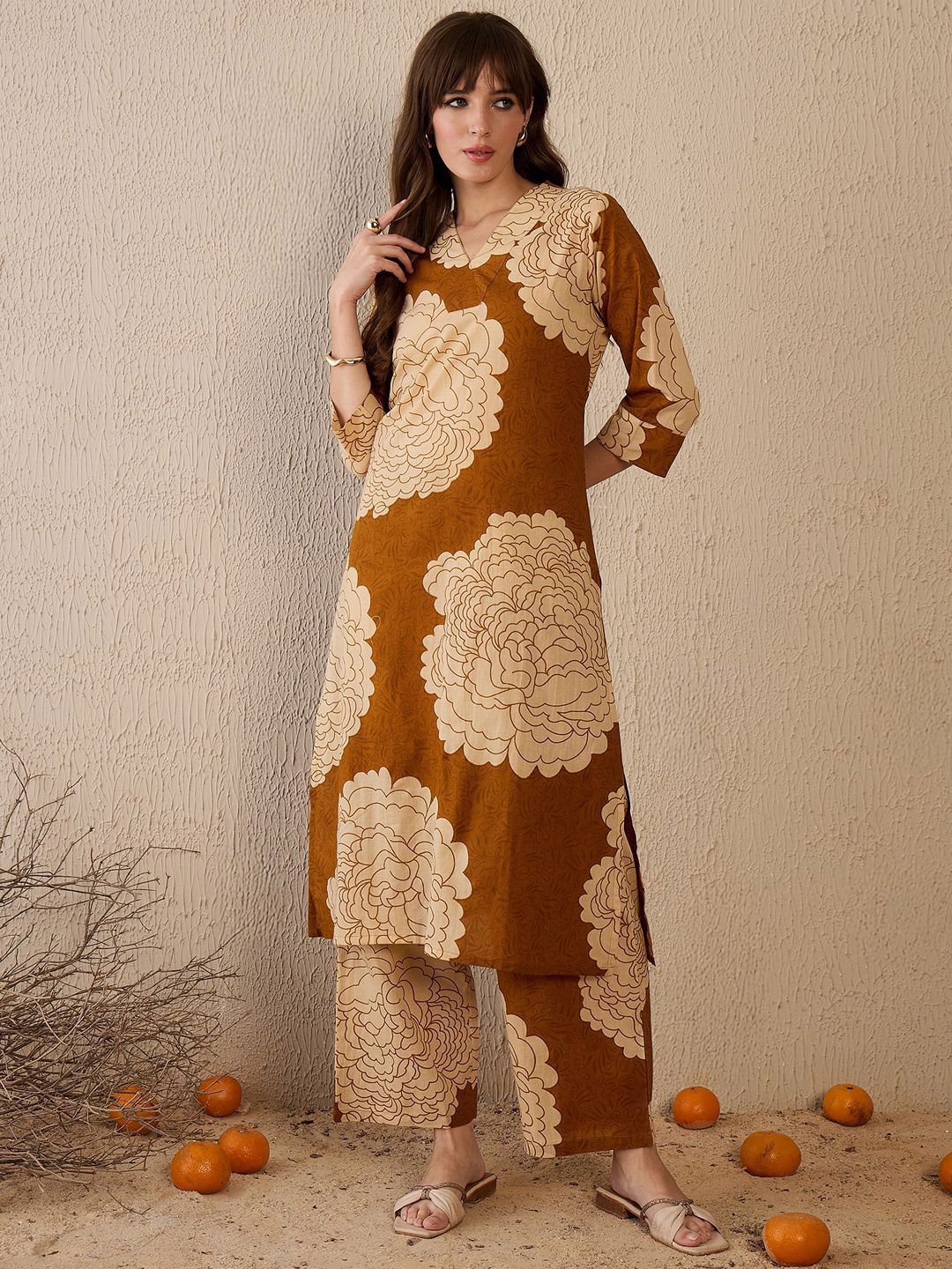 Indo Era Women Floral Printed Regular Pure Cotton Kurta with Trousers
