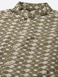 SOJANYA Men Olive Green & White Ethnic Motifs Embroidered Kurta with Churidar & Jacket