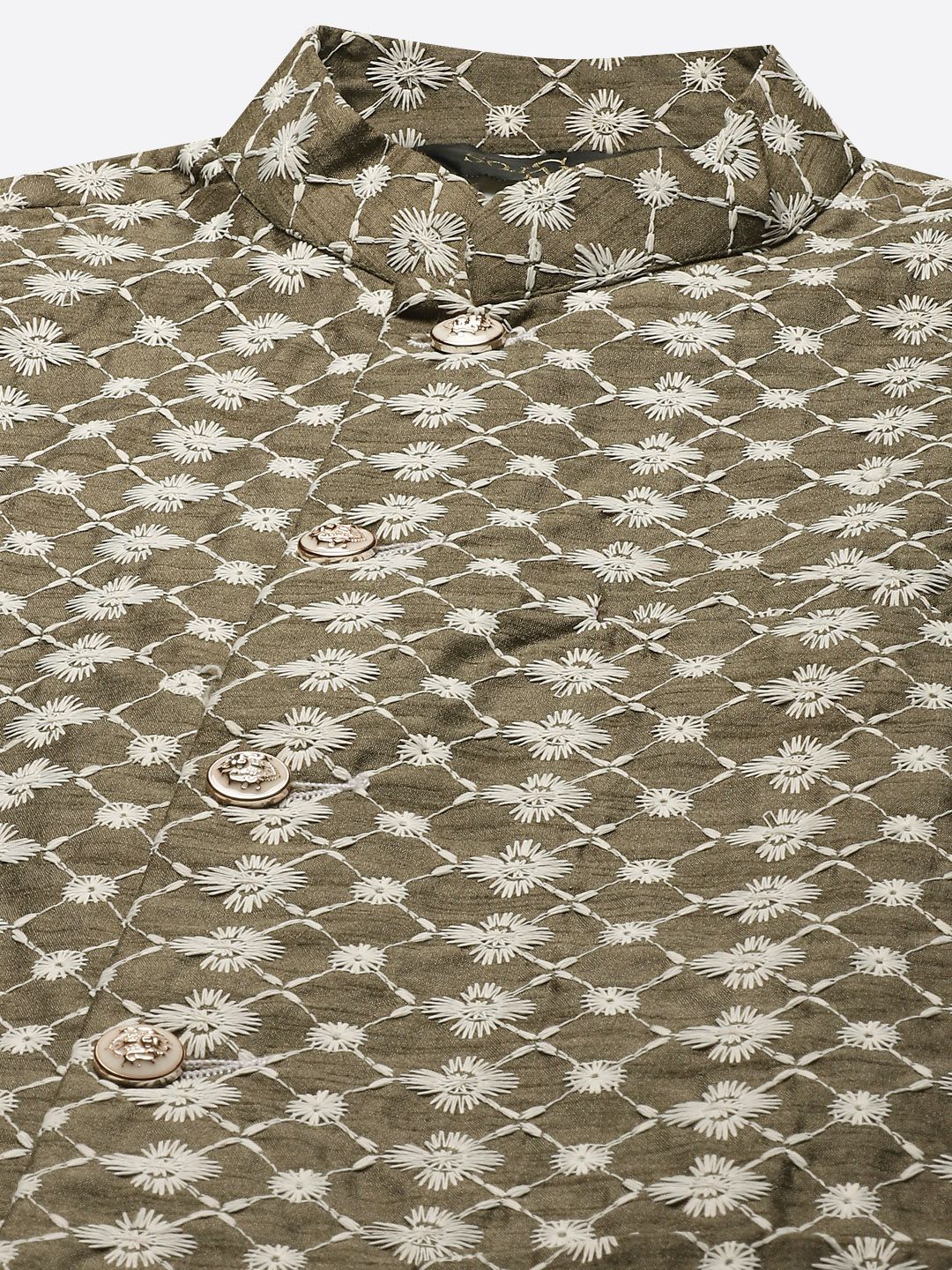 SOJANYA Men Olive Green & White Ethnic Motifs Embroidered Kurta with Churidar & Jacket