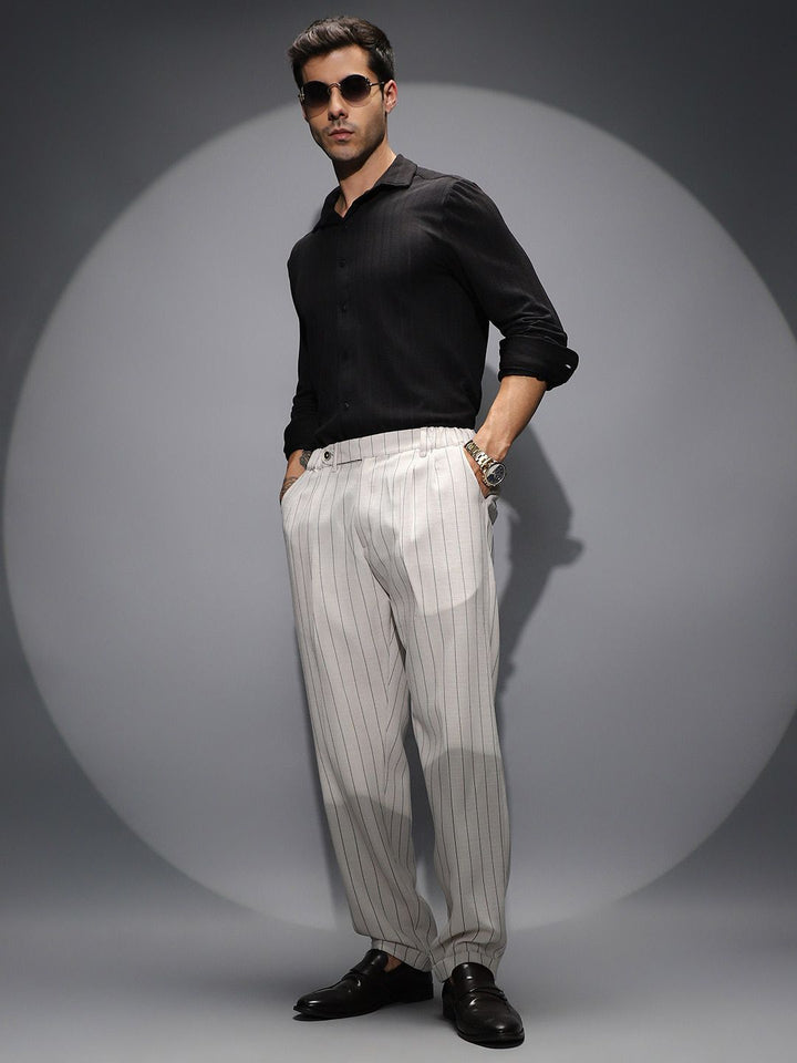 Campus Sutra Men Striped Mid-Rise Comfort Trousers