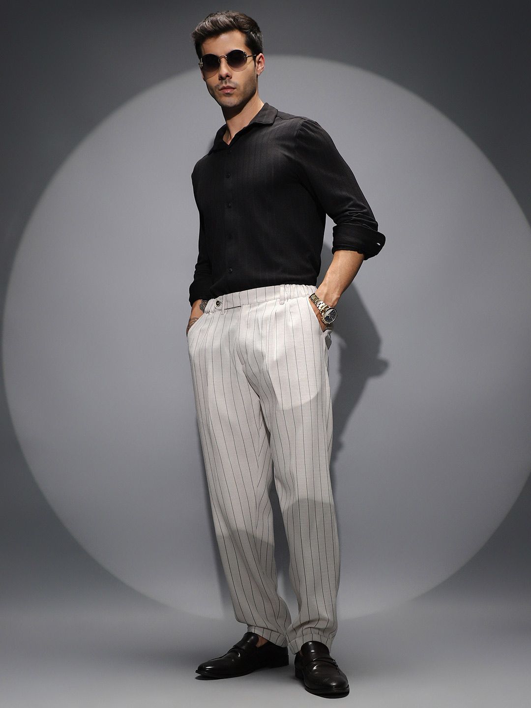 Campus Sutra Men Striped Mid-Rise Comfort Trousers