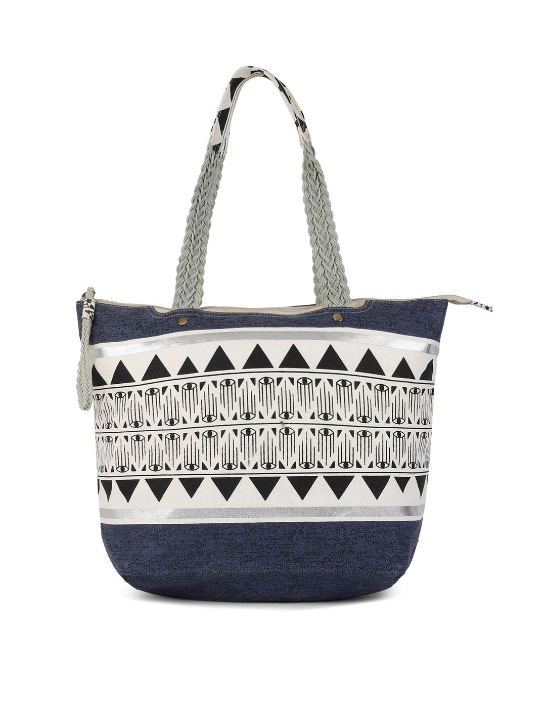 Berrylush Navy Blue & White Geometric Printed Shopper Tote Bag