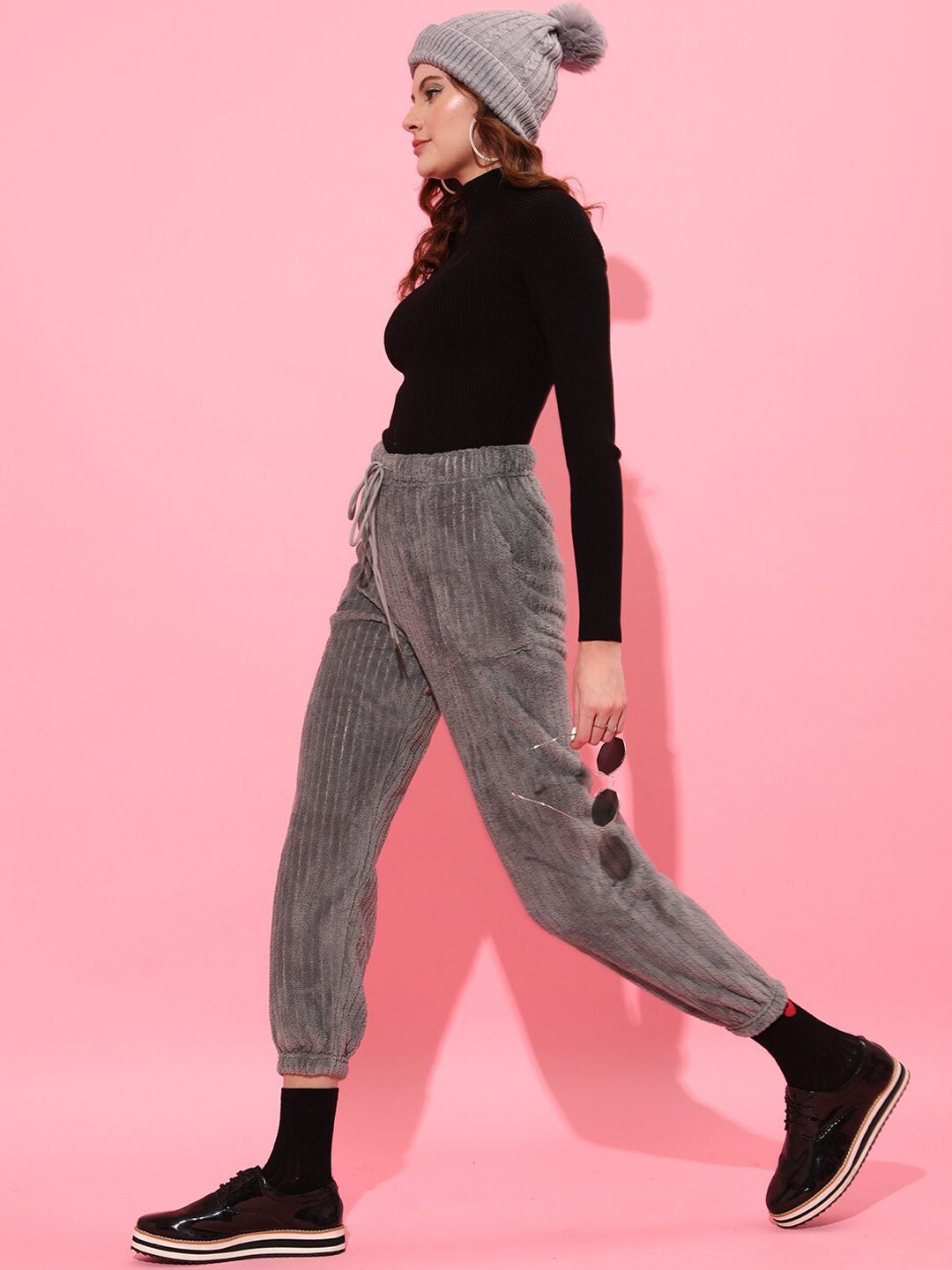 STREET 9 Women Grey Textured Loose Fit Joggers Trousers