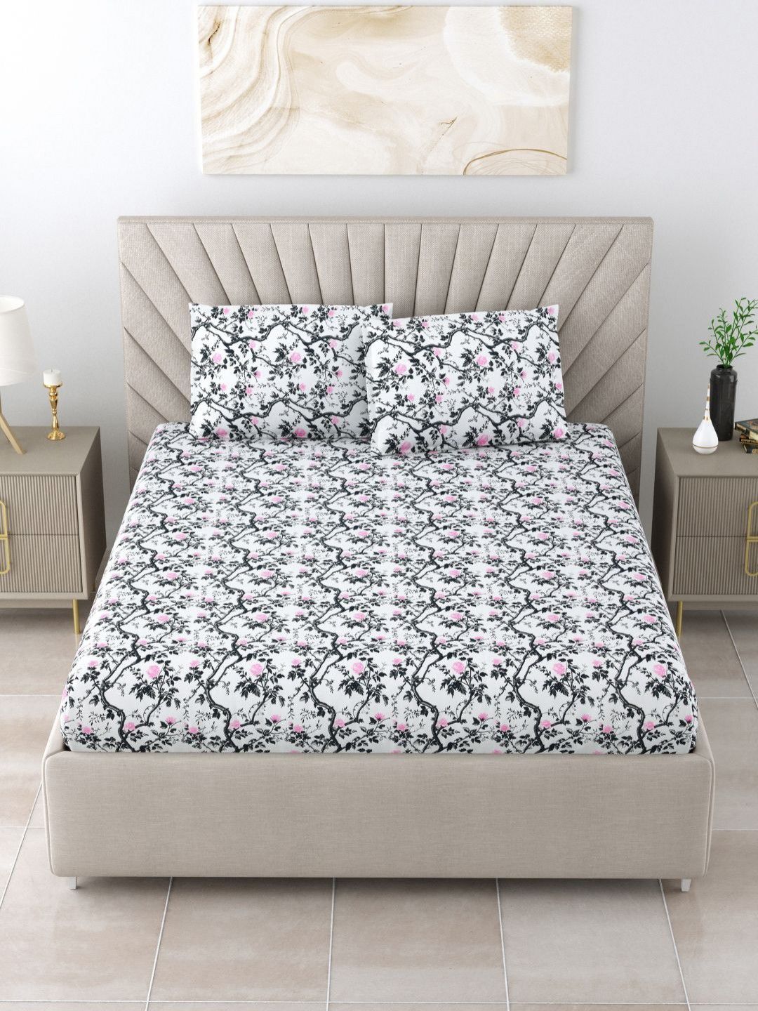 BOMBAY DYEING Florentine Grey Printed Pure Cotton 144 TC Queen Bedsheet Set 2.28 X 2.54 m